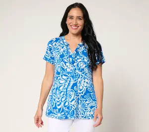 Susan Graver Regular Printed Liquid Knit Split-Neck A-Line Tunic
