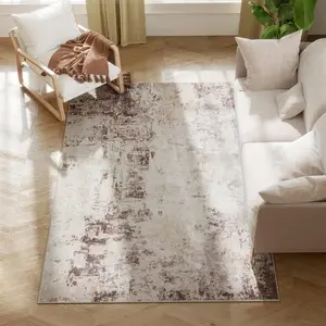 Area Rug 4x6, Machine Washable Rug, Distressed Non-Slip Modern Abstract Floor Cover Foldable Carpet for Living Room, Bedroom, Dining Room, Mixed-Brown