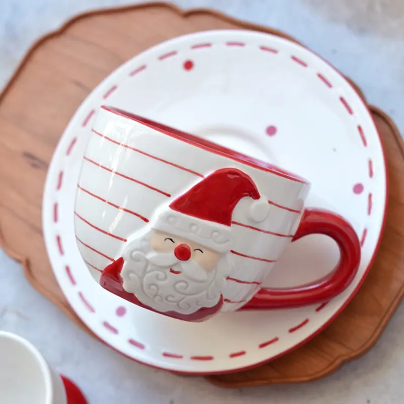 Ceramic Santa Claus Cup Set with Saucer, Nordic Embossed Design, Perfect for Christmas, Halloween, Thanksgiving, Home Decor