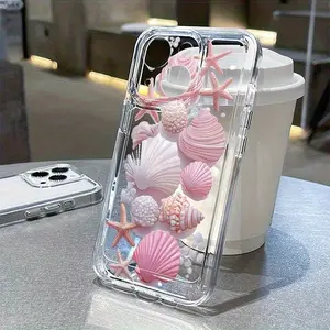 Phone Case: 1 Trendy Pink Starfish Seashell Conch Transparent Space TPU Precision-Hole Soft Phone Case, Protective Cover Suitable for Apple iPhone 16 15 14 13 12 11 Plus Pro Max Mini Series, Holiday Gift, Birthday, Girlfriend, Boyfriend