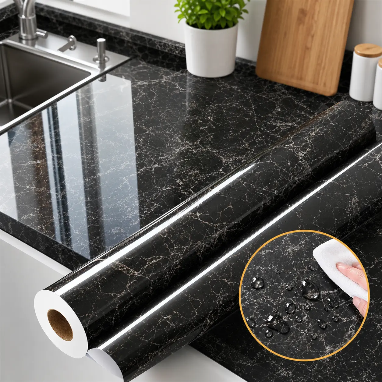 Marble Look Self-Adhesive PVC Film - Glossy, Heat-Resistant, Oil-Proof, Waterproof, Removable Stick-On Glue-Free Wall-Safe Furniture Stickers for Kitchen Countertops, Backsplashes, Stick-On Furniture Stickers