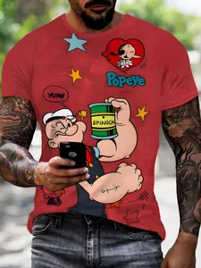 Popeye Printed Fitted T-Shirt Menswear Vintage Ventilated Short Sleeve Fashion Casual Comfort Design Perfect for Daily Wear Ideal Gift Choice