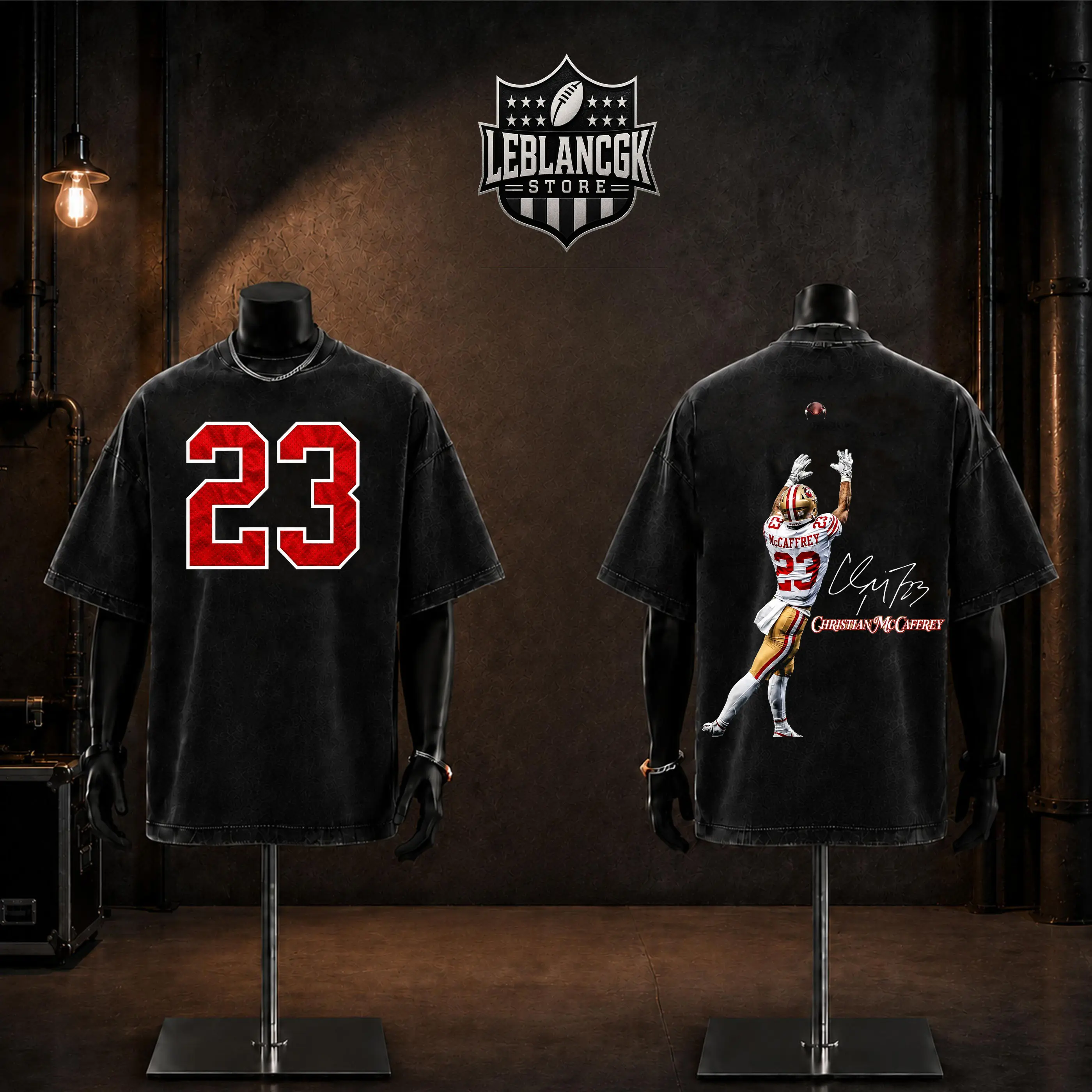 Christian McCaffrey #23 Washed Oversized T-Shirt – Football Graphic Tee, Double-Sided Vintage Streetwear Shirt for Football Fans