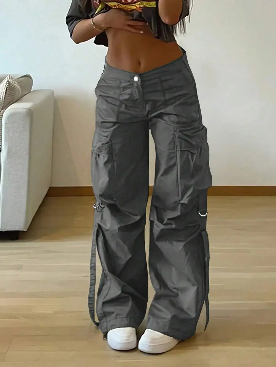 Street Flap Pocket Tape Detail Loose Casual Wear Wide Leg Parachute Cargo Pants
