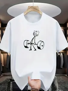 Funny Gym Weightlifting Cartoon T-Shirt - Short Sleeve Round Neck Casual Summer Tee with Barbell Lifting Weights Print, Fitness Humor Apparel for Bodybuilding & Workout Enthusiasts