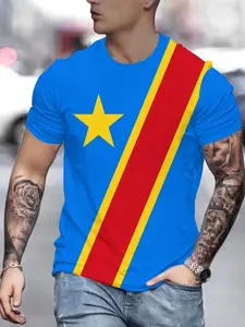 Men's 3D Printed Congo Flag Inspired T-Shirt, Vibrant Congo Text & Stripes Design, Blue Smooth Fabric, Loose Fit Round Neck Short Sleeve