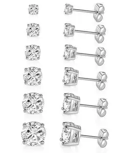 3mm-8mm Round Cz Stud Earrings Set, Versatile Sizes, Classic Style Earrings, 4 Prong Cubic Zirconia Earrings, Classic Sparkling Jewelry Gift, All Seasons Wear