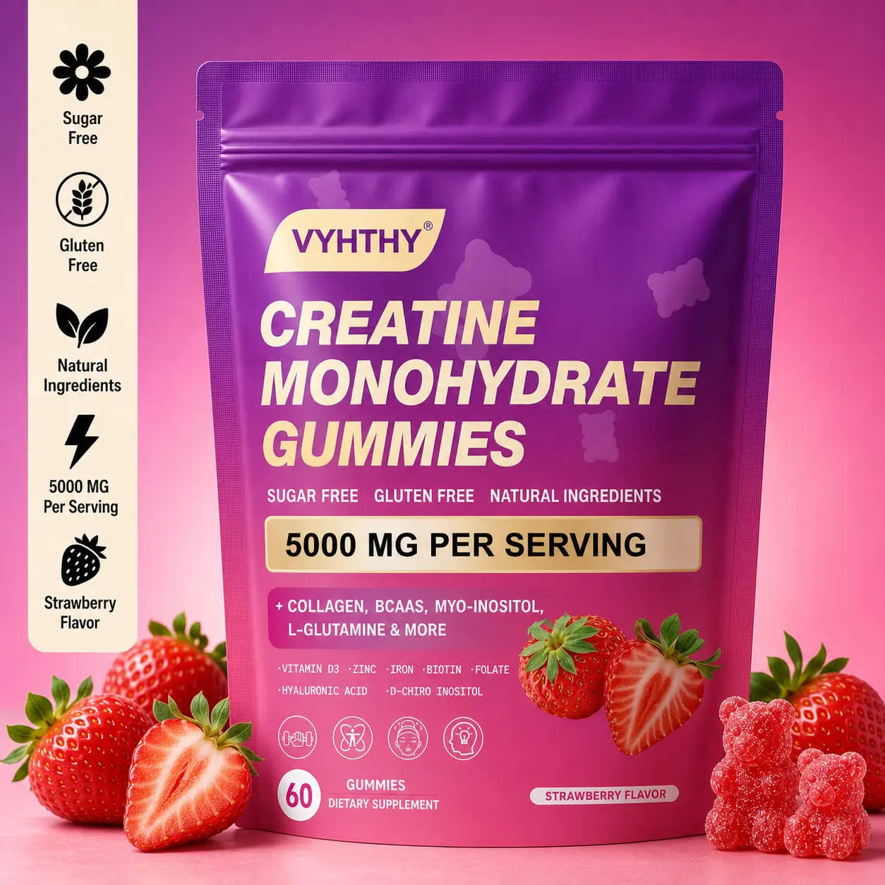 VYHTHY Women’s Sugar-Free Creatine Gummies - Individual Packaged Adult Supplement with Vitamin D3 & Myo-Inositol, On-the-Go Fitness Support for Energy, Cognitive Function, Nail Health & Post-Workout Muscle Recovery