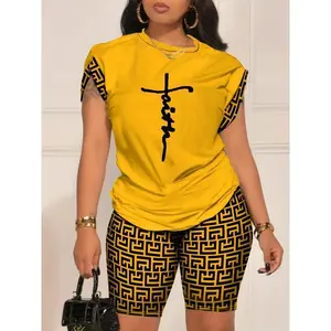 Geo Print Matching Two-piece Set, Casual Short Sleeve T-shirt & Biker Shorts Outfits, Women's Clothing Crewneck Fabric Womenswear Knit Polyester Suits Fitted Shortsleeve