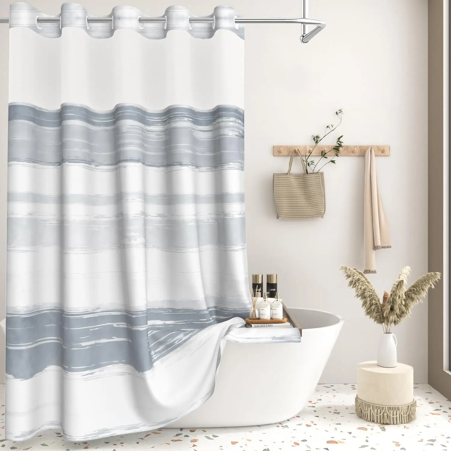 Light Grey Striped Shower Curtain with Snap in Liner, Double Layers Waterproof Fabric Shower Curtain with Weighted Hem, Hotel Style Modern Minimalist Abstract Bathroom Curtains, 71x74 Inch