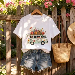 Women's Comfortable Oversized Short-Sleeve Round Neck T-Shirt - Retro Floral VW Bus Printed Fabric Top, Ideal for Anniversary Celebrations,summervibes