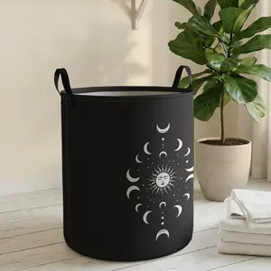 Sun Moon Print Laundry Basket with Handle, Durable Halloween Home Foldable Dirty Clothes Storage Basket, Large Capacity Toy Organizer, Collapsible Laundry Hamper