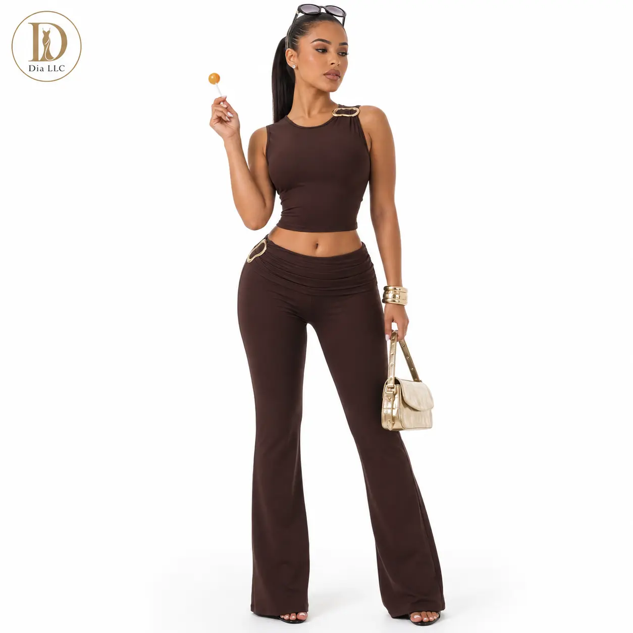 Dia LLC Women’s 2 Piece Flare Pant Set, Sleeveless Crop Top & High Waisted Ruched Bell Bottom Pants, Stretchy Matching Going Out Outfit