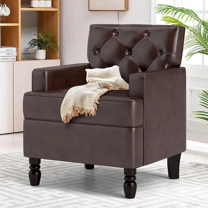 [Dealsforyoudays] EBELLO Leather Accent Chairs for Living Room, Modern Armchair, Leather Upholstered Chair with Solid Wood Frame, Brown and Black