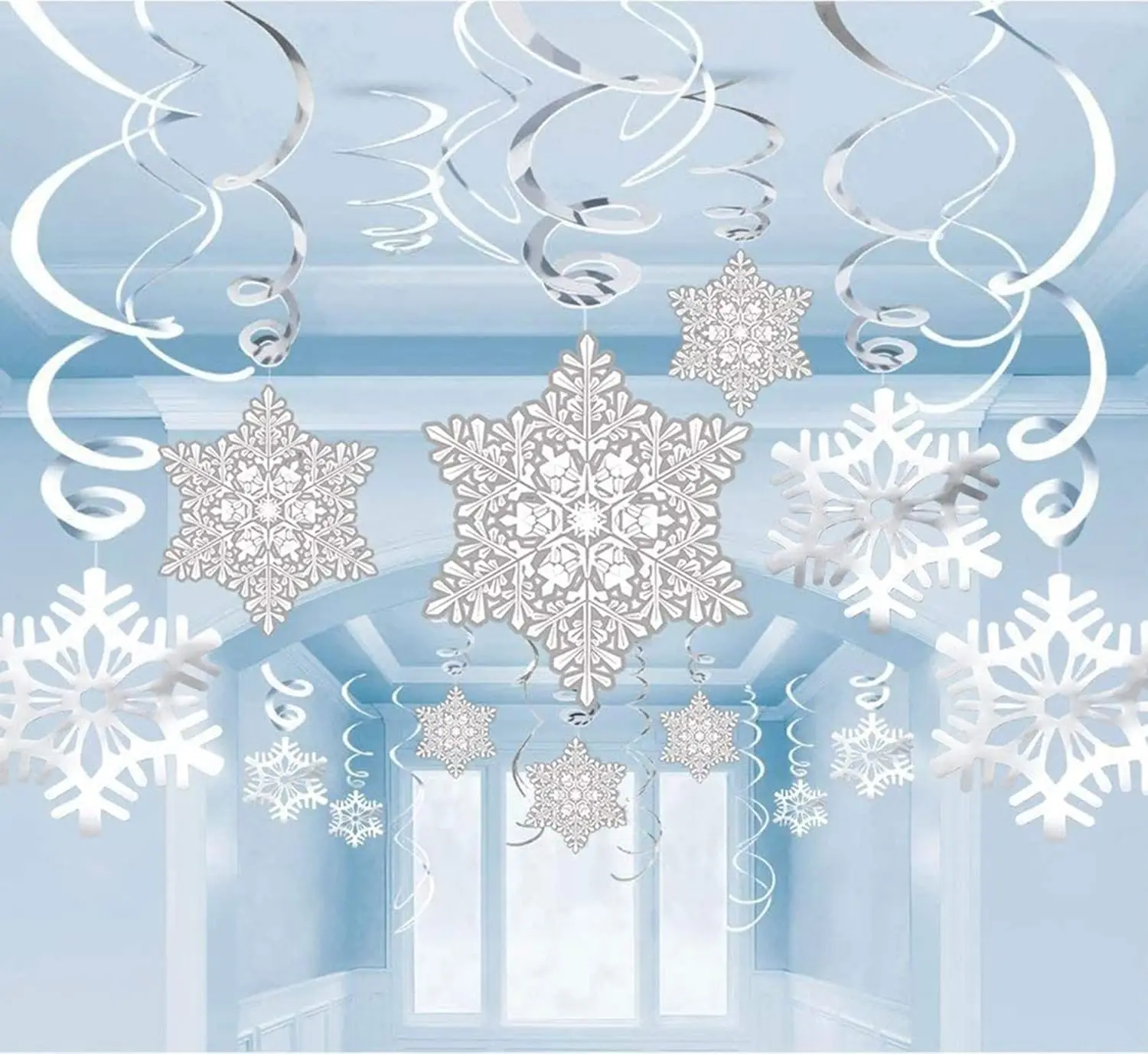42Ct Christmas Snowflake Hanging Swirl Decorations from Ceiling - Winter Party Wonderland Xmas Holiday Ornaments