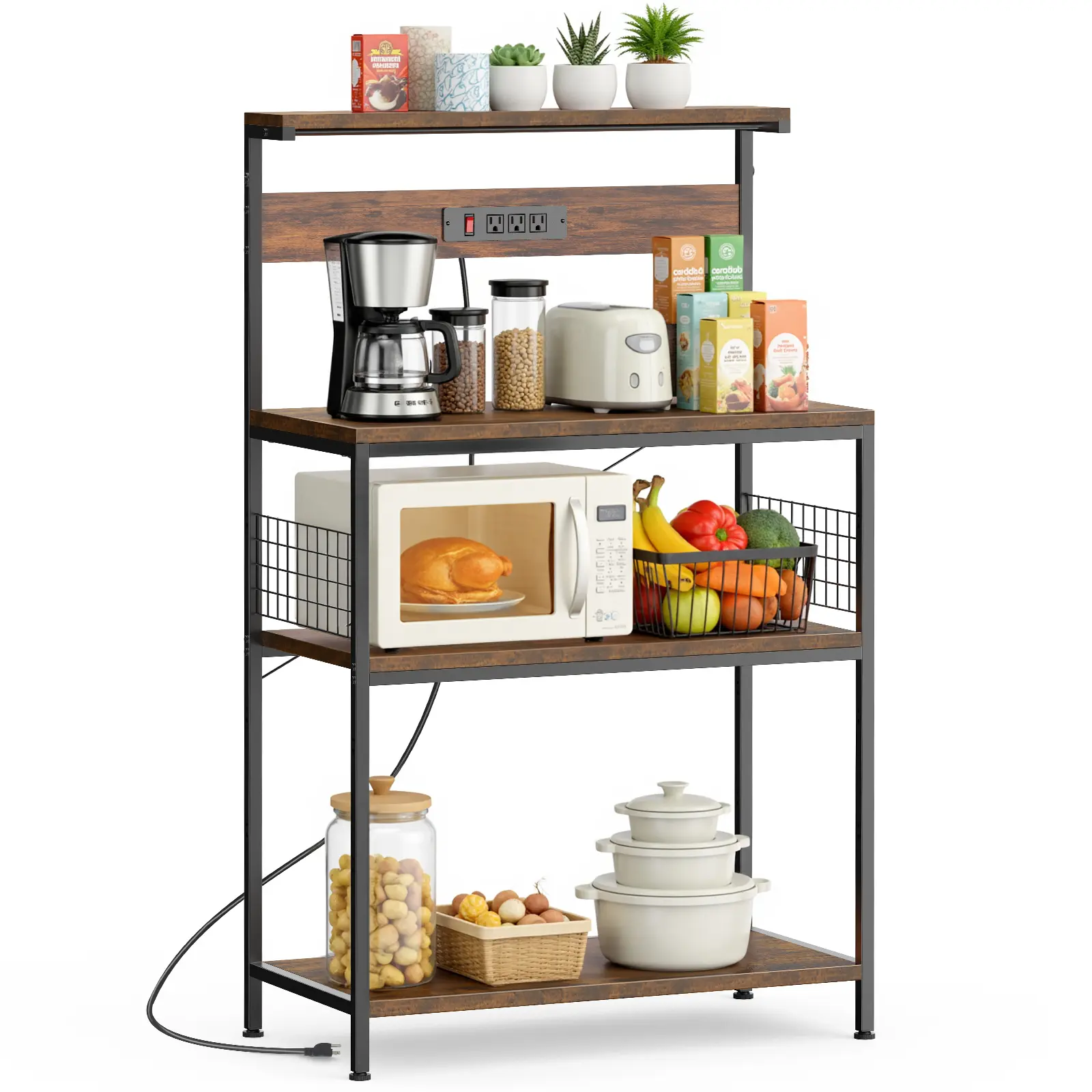 4-Tier Freestanding Baker's Rack with Power Outlet, Coffee Bar Station, Microwave Oven Stand, Adjustable Spice Storage Shelf, Configurable Indoor Kitchen Organization Furniture