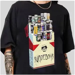 uicideboy Album Cigarette Pack Graphic Oversized T-ShirtG59 Suicideboys Retro Album Collage Black T-Shirt Suicideboys Album Art Cigarette Pack Print Streetwear Tee