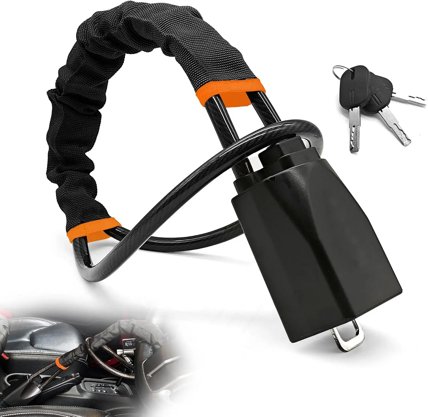 Car Steering Wheel Lock - Stainless Steel Shell & Plastic Auto Accessory, Sturdy Foldable Compact Anti-Theft Device, 17" Max Length, Fits Most Cars, SUVs, Golf Carts (Black)