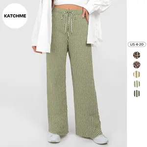 KatchMe Women's Classy Allover Print Drawstring Decor Wide Leg Trousers (2), Leopard Print High Waist Pocket Lightweight Pants, Stripe Streetwear