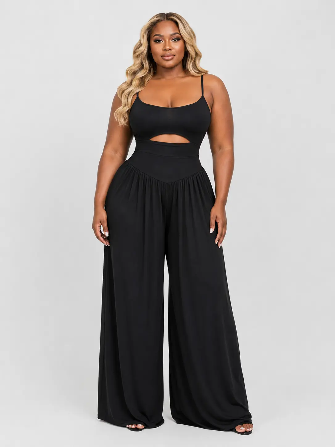 Sculpt Touch Women’s Cut Out Cami Jumpsuit Sleeveless Wide Leg Romper Backless Tie Back High Waist Pocket Jumpsuit Casual Vacation Outfit