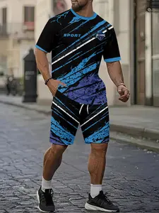 Blue and Black Lightning 3D Digital Printing Two-Piece Set, 2Pcs, Trendy and Fashionable Set, Trendy Retro Casual Two-Piece Set, Vacation-style Trendy Outfit, Breathable Sports and Casual Style, a Perfect Holiday Gift for Men