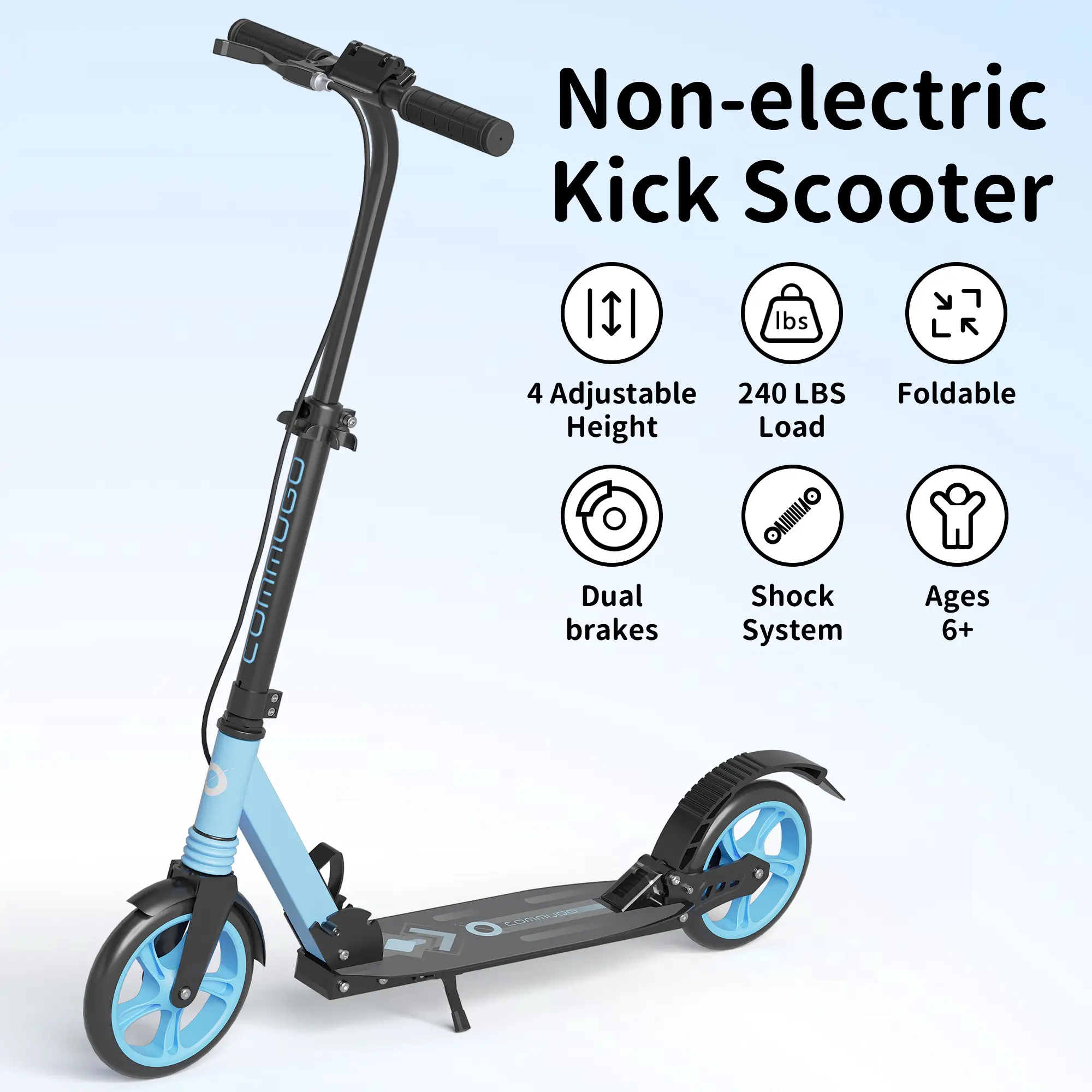 Commugo T2 Kick Scooter for Kids Age 8+, Teens, Adults, No Electric ,Dual Suspension Foldable Lightweight Scooter with 8 Inch Big Wheels, Hell a Grip, Max Load 240 LBS Wide Deck tiktokshopspringglowup summerwins,summerwins
