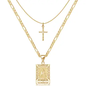Gold Layered Initial Cross Necklace, 14K Gold Plated Layering Square Letter Pendant Figaro Chain Cross Choker from A-Z Capital Jewelry for Women Girls