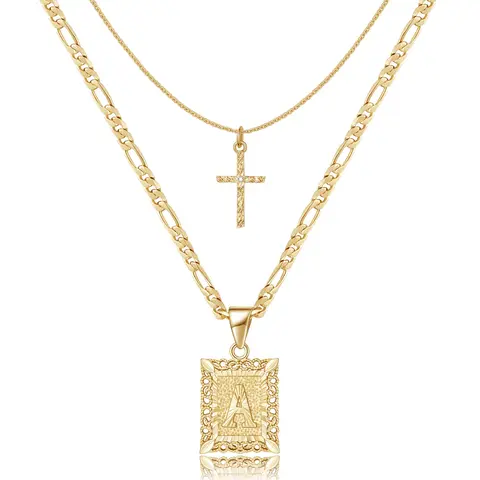 Women's 14K Gold Plated Initial Cross Necklace - Classic Cross Pendant, Square Letter Figaro Chain Choker, Non Tarnish Gold-Filled Steel Jewelry, Gifts for Girly Girls, Long-Lasting Fashion Accessory