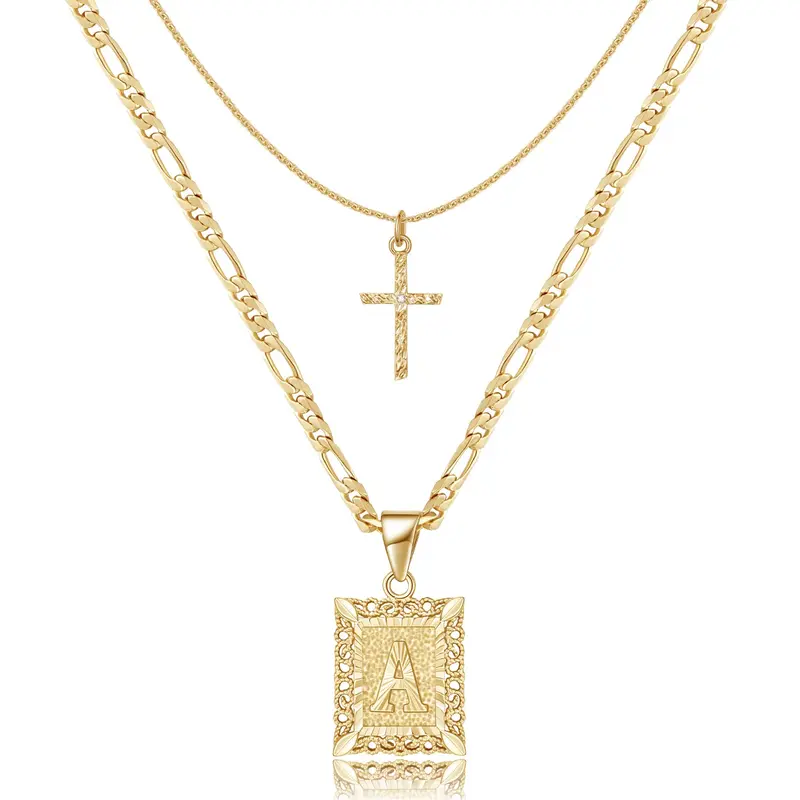 Women's 14K Gold Plated Initial Cross Necklace - Classic Cross Pendant, Square Letter Figaro Chain Choker, Non Tarnish Gold-Filled Steel Jewelry, Gifts for Girly Girls, Long-Lasting Fashion Accessory