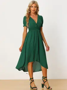 INSPIRE CHIC Women's Summer Sexy Deep V Neck Short Sleeve High Low Hem Flowy Party Midi Dress Dark Green