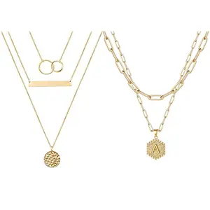 OIDEA Layered Coin Initial Necklace Set for Women, K Gold Tone Paperclip Chain Letter Pendant, Dainty A-Z Stacked Jewelry