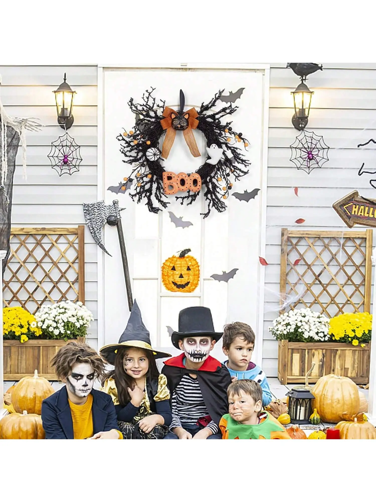 【Christmas Gift】Halloween Wreaths for Front Door - 18 Inch Fall Halloween Door Wreath Decorations with Black Cat, Ghost & Boo Letters for Indoor/Outdoor Spooky Spaces Gift Circle Garland Set Ornaments Orange Color