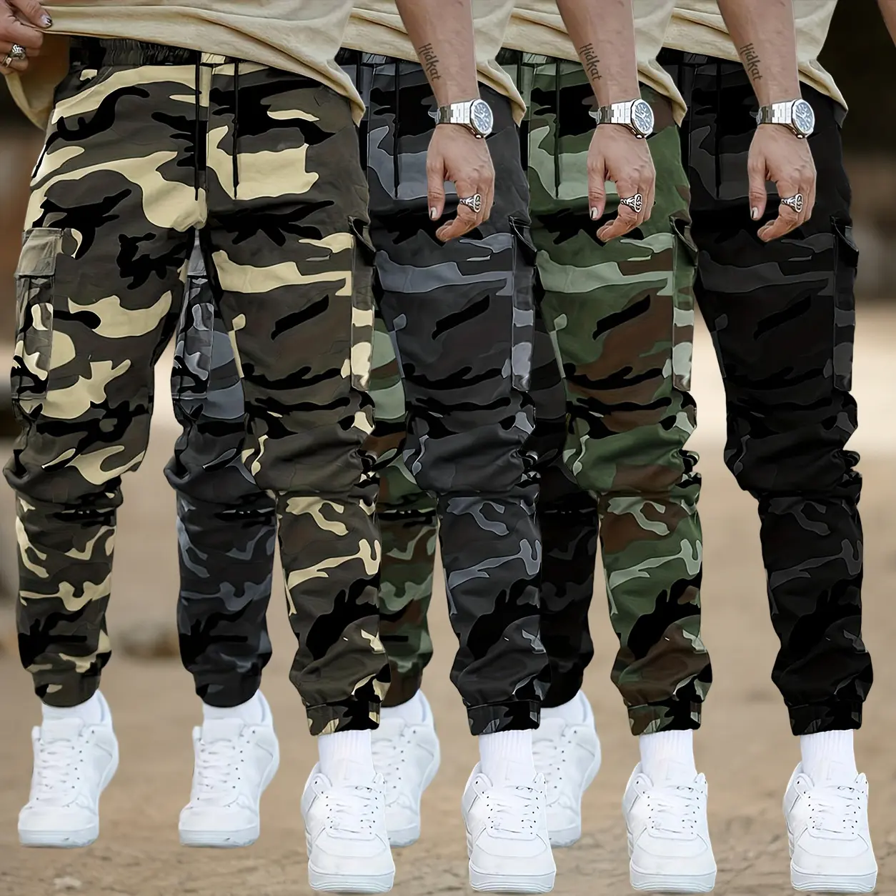 Men’s camouflage cargo jogger pants for spring/summer/fall outdoor wear, elastic drawstring waist, multiple side pockets, lightweight breathable and skin-friendly, versatile for hiking and commuting, tapered cuffs, casual long pants