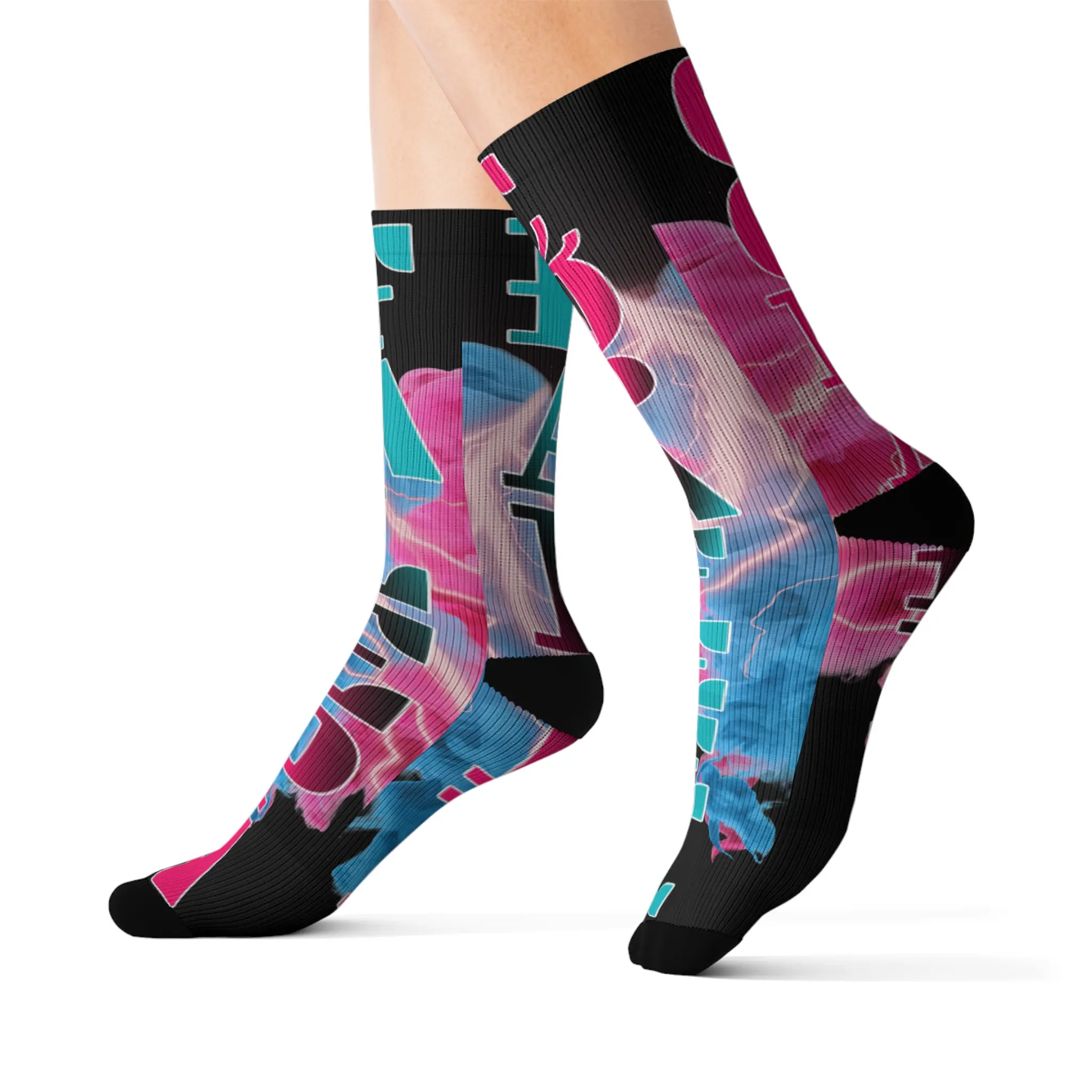 Black Vibrant Personlized Name Socks, Fun Colorful Socks for Gifts, Graphic Crew Socks, Unique Fashion Accessories, Everyday Wear