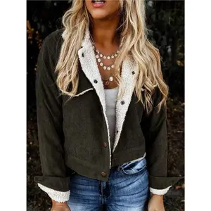 Brown corduroy jacket with pockets, fleece-lined sherpa, women’s long sleeves, lapel collar; casual winter outerwear; bolero blazer/hoodie/jumper; can be worn with a raincoat