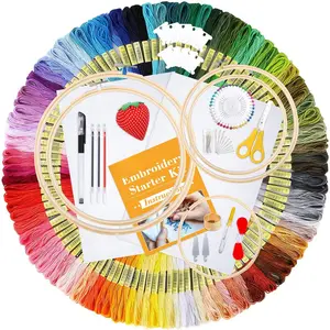 304 Pack Embroidery Kit, 200 Colors Threads, 5 count  Embroidery Hoops, 2 count Aida Cloth, Instructions, Bag and Cross Stitch Tools Set, Hand Embroidery Starter Kit for Beginners Adults