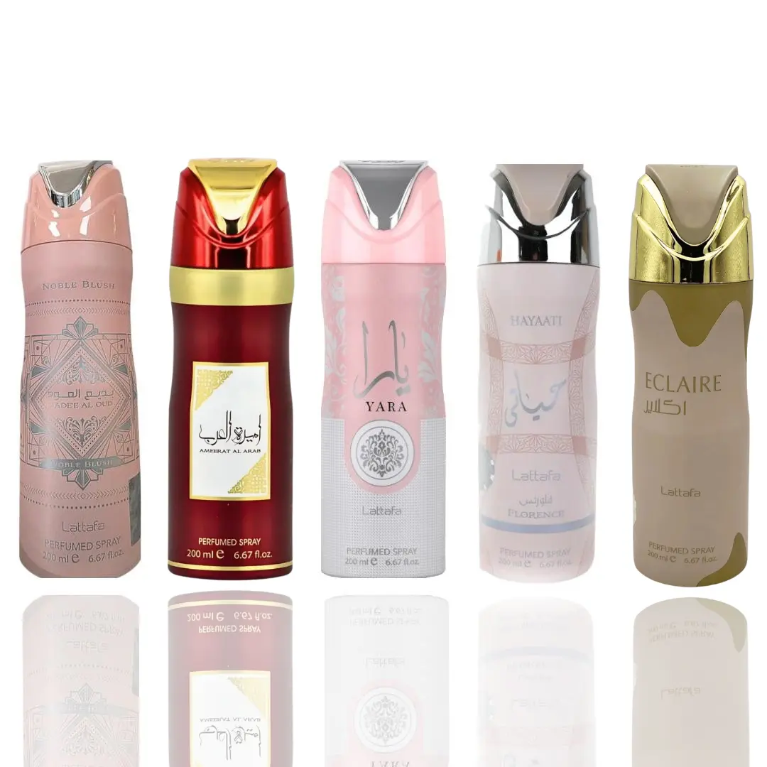 Lattafa Women's Scented Fragrance 5-Piece Deodorant Bundle - Badee al Oud Noble Blush, Ameerat al Arab, Yara, Hayaati Florence, Eclaire with Flower, Bergamot & Aroma Notes