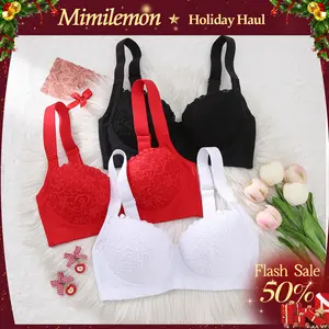 Mimilemon 3PCS Elegant Ladies Bra Non-Detachable Pads Steel Cups Floral Pattern Comfortable All-Day Wear Adjustable Underwear everyday lace Elegance Womenswear Push up bra brasier Aesthetic Style