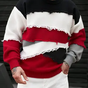 Men's autumn and winter fashion trendy vintage patchwork color knitted shirt/casual street style vintage raw edge pullover/warm micro-elastic round neck street fashion raw edge top