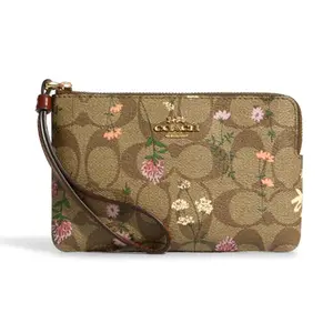 COACH Corner Zip 16 Classic Monogram Floral Print Coated Canvas Clutch Bag for Women, Khaki