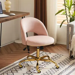 VINGLI Modern Velvet Small Office Chair,Cute Desk Chair with Wheels,Gold Base/Studs, Comfy Armless Swivel Vanity Task Chair for Women/Girl/Kids, Nail Tech Chair for Bedroom,Small Space,Beige