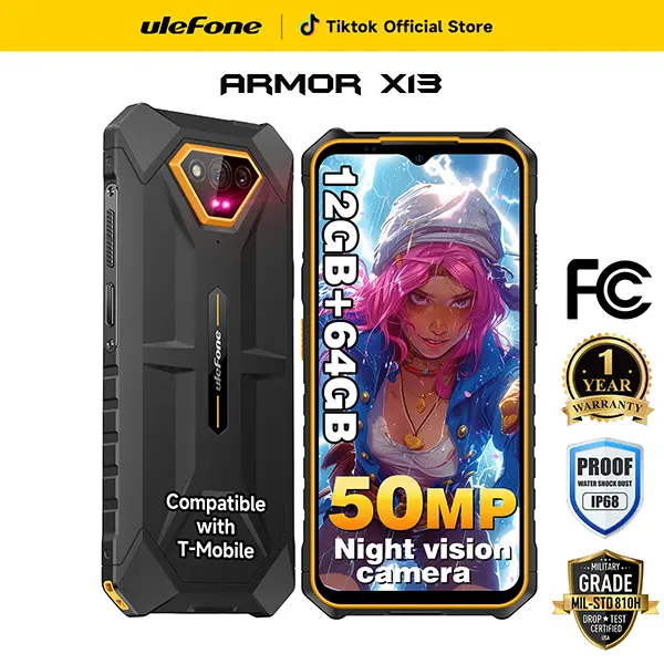 Ulefone Armor X13 Rugged Smartphone, 50MP+24MP Night Vision Camera, Octa-core 12GB RAM 64GB ROM, 6.52 inch Screen, 6320mAh Battery, Android 16 OS, Global Dual 4G, NFC/OTG/GPS/IP68/IP69K, Orange