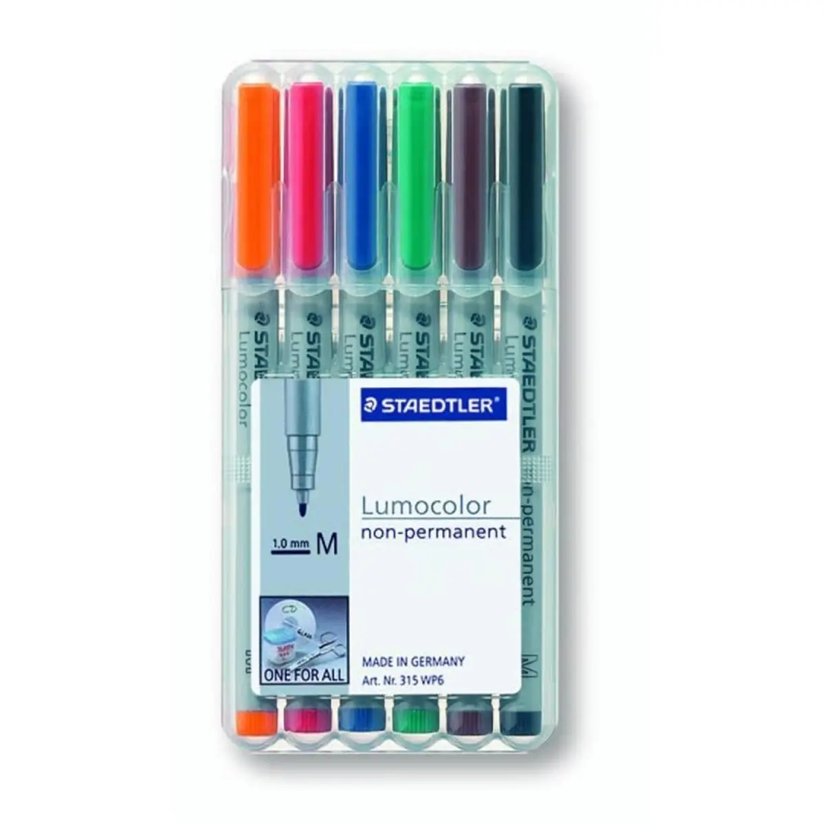 Staedtler ST 313 WP6 Lumocolor Refillable Permanent Marker Pens (6-Piece), 1.0 mm Line Width, Office Stationery, Airplane-Safe, Fast-Drying, Lightfast Black, Film-Wipeable, Automatic Pressure Equalization, PP Barrel & Cap, Long Service Life, None