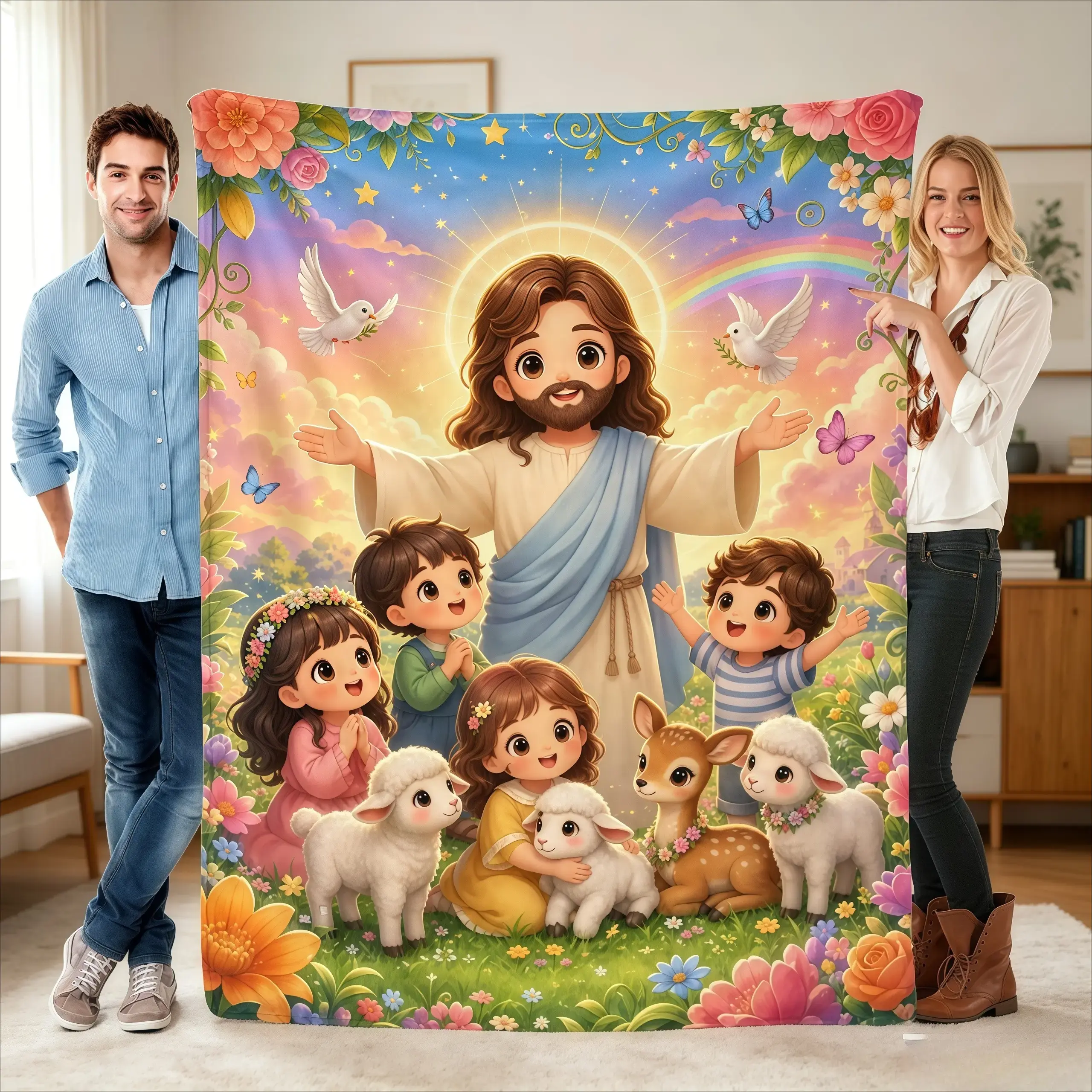 Jesus Cartoon Lamb Blanket – Soft Flannel Throw, Warm Cozy Lightweight Blanket for Sofa, Bed, Travel, Office, Birthday & Holiday Gift