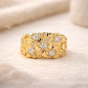 14K Gold Plated Nugget Ring with Diamonds, Vintage Chunky Gold Signet Ring for Men Women