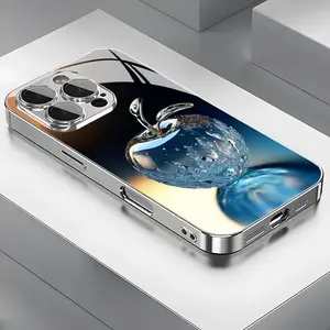 Blue Crystal Apple Personality High-end Pattern Glass Electroplated Mobile Phone Case with Lens Protection Suitable for iPhone 16 15 14 13 12 11 Pro Max Plus Pro X/Xs/XsMax, beautiful and gorgeous