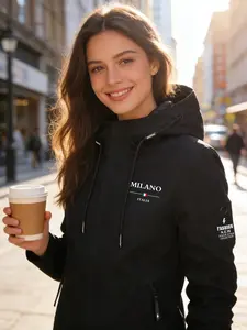 Women's Hooded Fleece Jacket Coat, Womenswear Outerwear Fitted Long Sleeve, Milano Italia Letter Print, Casual Sporty Daily Wear, Comfortable Fashion Design Pockets