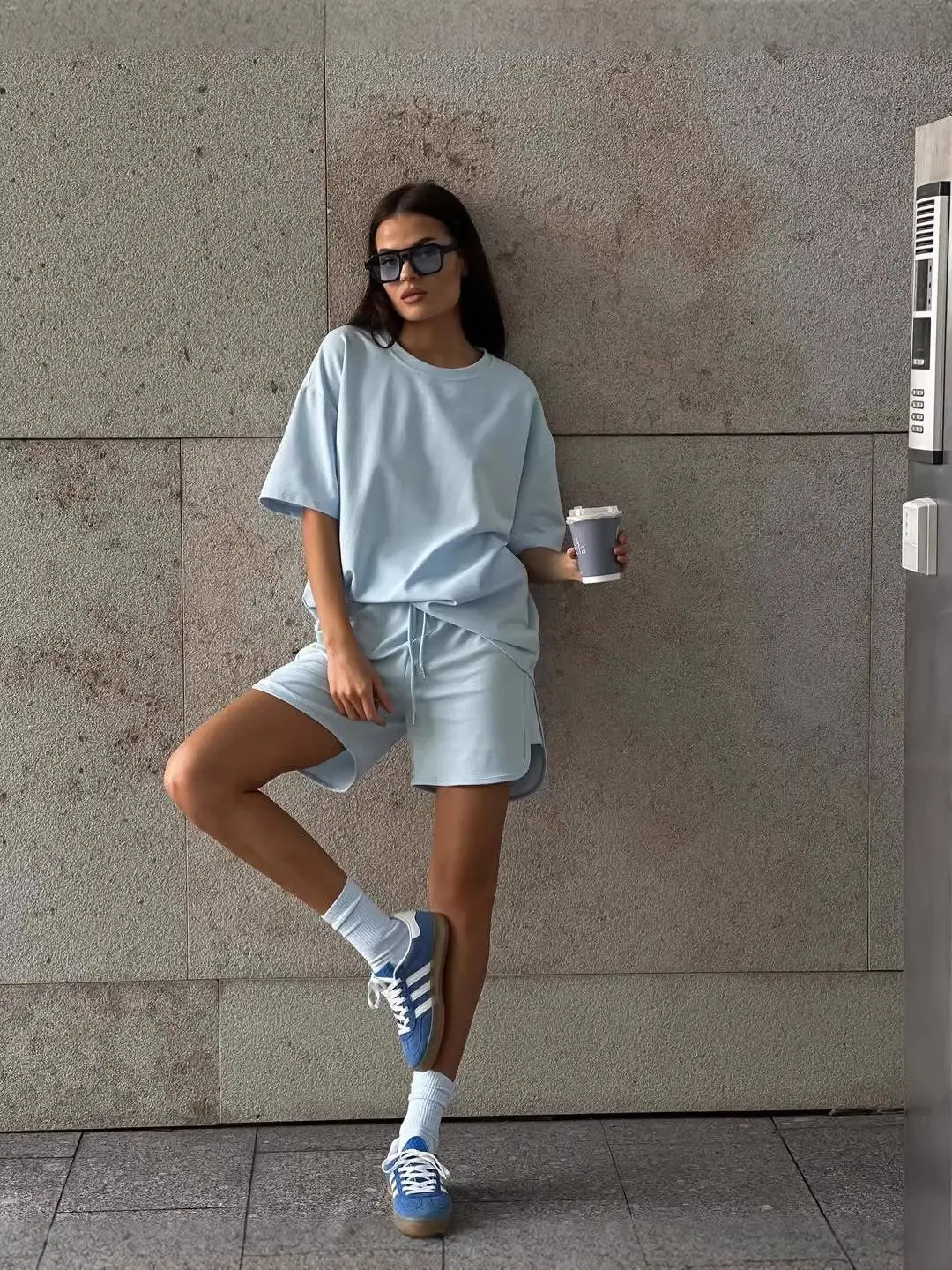 Women’s Cotton Two Piece Lounge Set – Oversized Short Sleeve T-Shirt and Drawstring Shorts Casual Summer Outfit