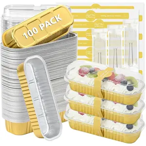 100 Pack Mini Loaf Pans with  and Spoons Disposable  Tin Foil Pans Rectangle Mini Loaf Cake Pan for Baking,Party,Picnics,Gifts ()