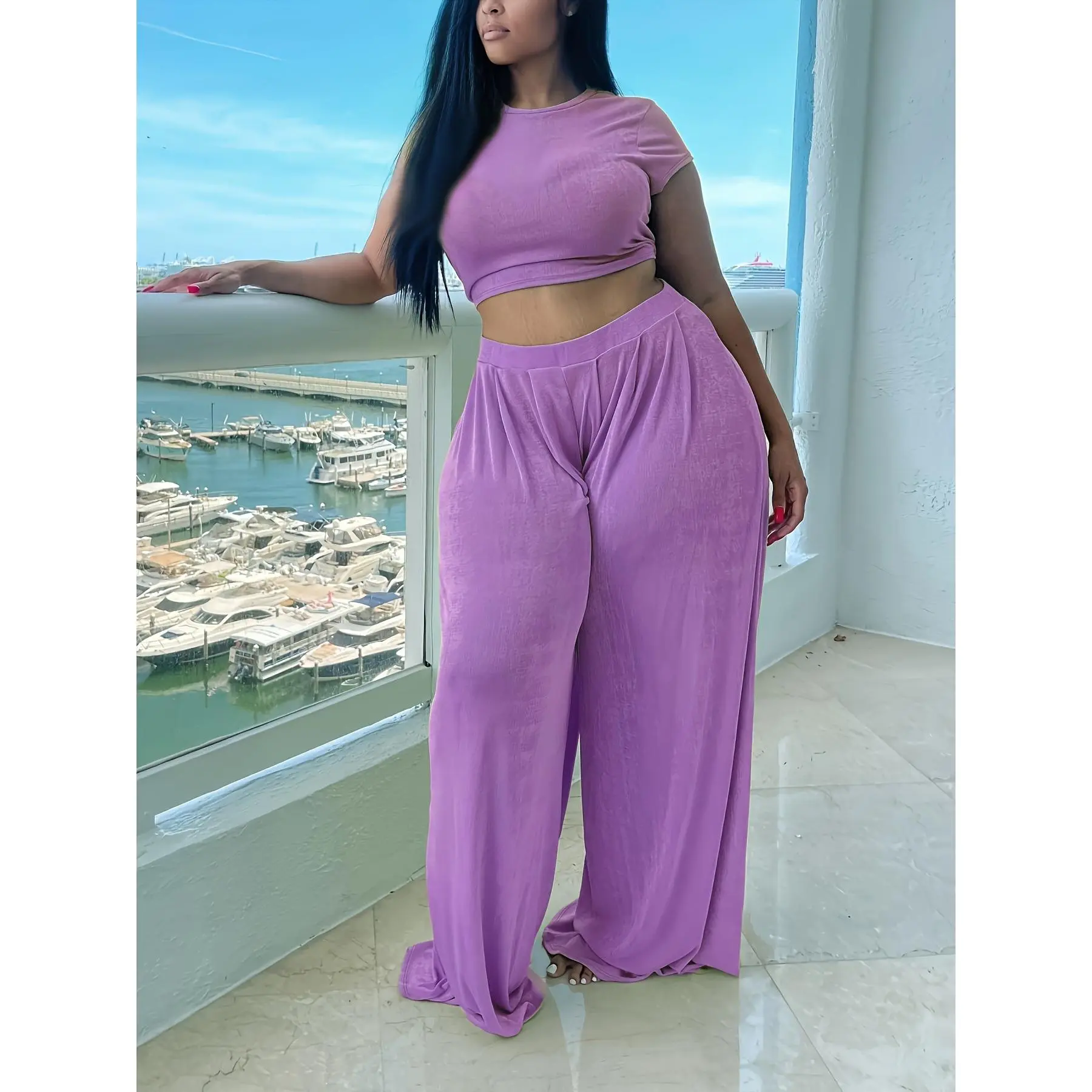 Women's 2026 Curvy Plus Size Lady Basic Loungewear Sets, Comfy Cute Casual Print 2-Piece Pants Set for Lounge, Beach Green